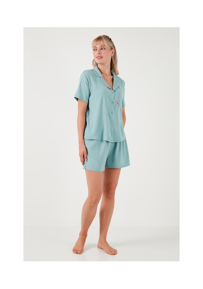 Lela Gömlek Yaka Beli Lastikli Kısa Kollu Şortlu Bayan Pijama Takımı 611Pt00123 Mint