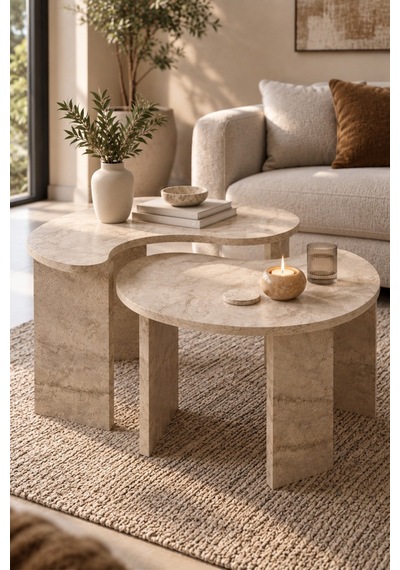 Sulorahome 2'li Oval Modern Orta Sehpa Seti Traverten Desenli Atlantik-traverten Sulorahome 2'li Oval Modern Orta Sehpa Seti Traverten Desenli Atlantik-traverten