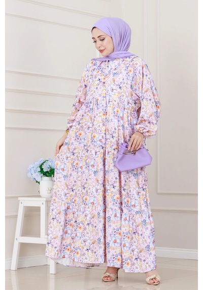 Sevitli Lilyum Çiçekli Elbise-lila-5255 Lila