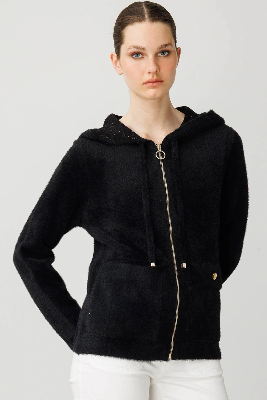Kadın Kapüşonlu Fermuarlı Kısa Triko Sweatshirt Siyah Siyah