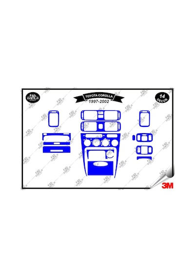 Toyota Corolla 1997-2002 Torpido Konsol Trim Göğüs Maun Kaplama Set 14 Parça Mavi