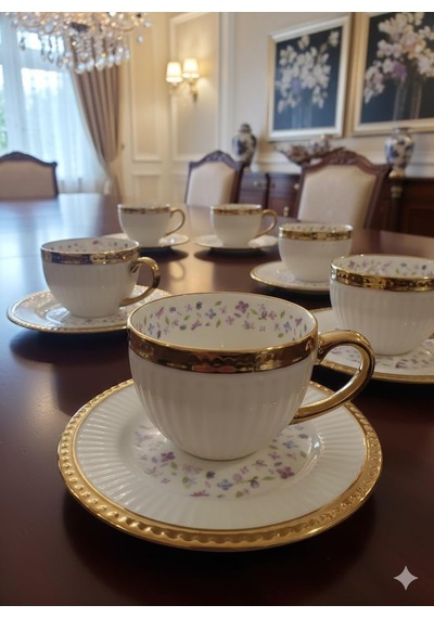 Florena Altın Yaldızlı Kabartmalı Porselen Türk Kahvesi Fincan Takımı 6'li 90 Cc Pembe Mavi Diğer