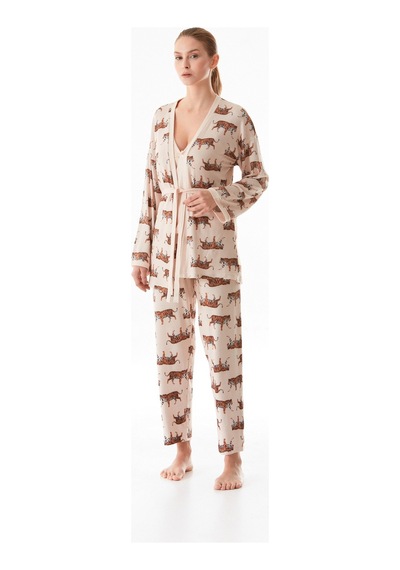 Fullamoda Kaplan Desenli V Yaka 3 Lü Pijama Takımı 24mıcg631216523-bej Bej