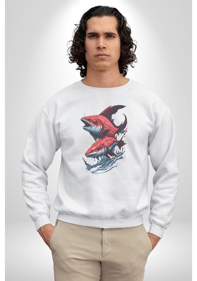 Kırmızı Japon Balığı Unisex Beyaz Baskılı Sweatshirt Beyaz