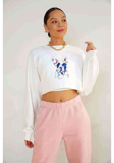 Watercolor Budog Baskılı Crop Kadın Beyaz Sweatshirt