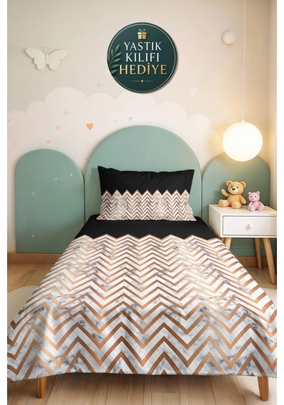 Siyah Geometrik Modern Tek Kişilik Pike Takımı - Mermer Görünümlü Bakır 160x220 Cm Yatak Örtüsü Mistik Harmoni Harmonu
