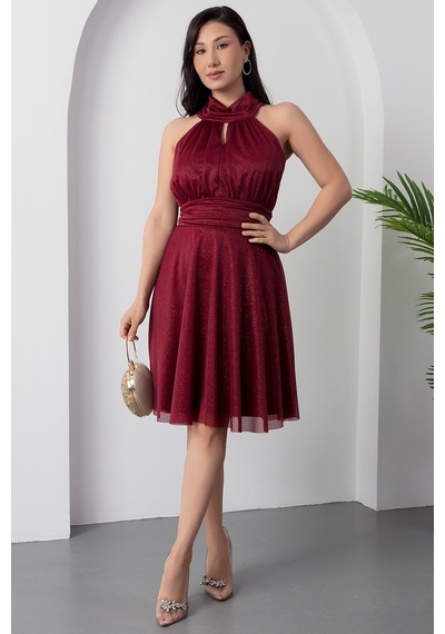 Kalopya 13376 C Yaka Simli Tül Elbise Bordo