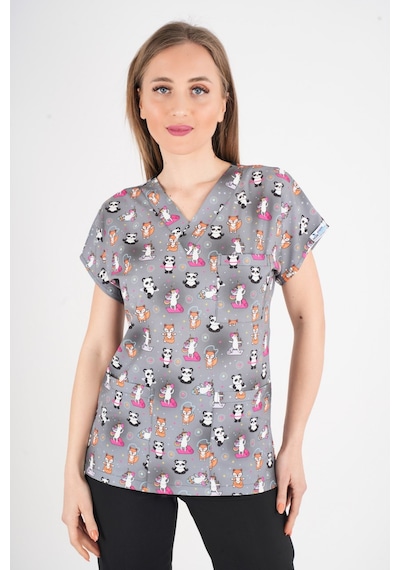Unisex Pandex Desenli Doktor Hemşire Hastane Aşçı Mutfak Scrubs Tek Üst Üniforma Gri