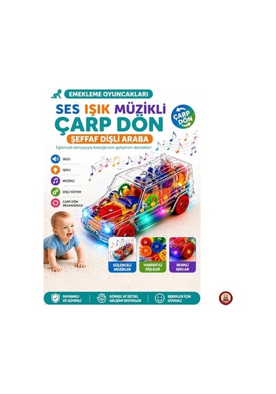 Oyuncak Sesli Işıklı Müzikli Şeffaf Dişli Çarp Dön Oyuncak Araba Pilli, Emekleme Oyuncağı, Hareketli Işıklı Bebek Arabası