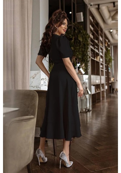 Emh Store Kadın Kruvaze Yaka Midi Boy Kuşaklı Krep Elbise 120 Cm Siyah