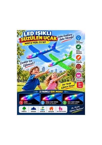 2 Li Led Işıklı Köpük Uçak Seti Mavi & Yeşil Hafif Dayanıklı Fırlatma Uçağı Açık Hava Oyuncağı - 922546684