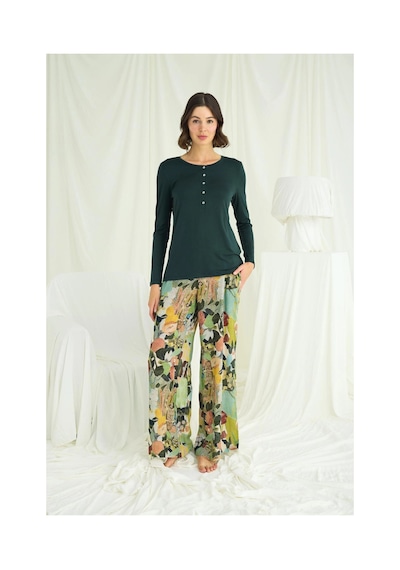 Litae Herşeytrend Çiçek Ve Yaprak Desenli Pijama Takımı Yeşil