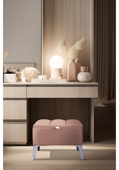 Vetra Mini Royal Pudra Kumaş Sandıklı Dekoratif Puf&bench-dilimli Model-gümüş Ayak-modern Puf
