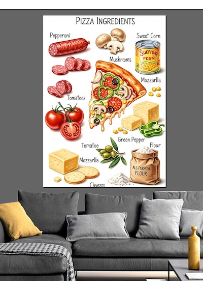 Ahşap Tablo Pizza Malzemeleri Gıda Kolajı
