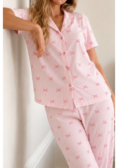 Kadın Loose Kalıp Pamuklu Pembe Pijama Takımı