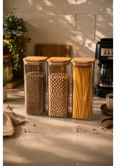 Porsima 7-3 Bambu Vakumlu Kapaklı Kare Borsilikat Cam 3lü Kavanoz Seti Saklama Kabı 1900ml 9,5x27cm Ahşap - Şeffaf