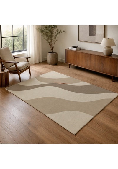 Kartela Halı Akış Dalgalı Modern Halı Bej Kaymaz Taban Makinede Yıkanabilir Salon Halısı 120x180 Cm