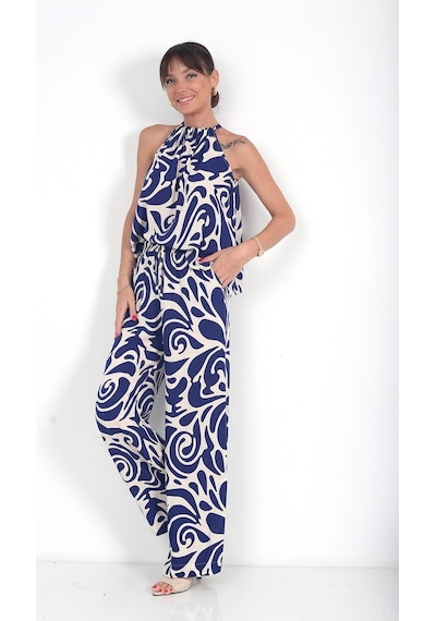 By Saygı Kadın Halter Yaka Bluz Beli Lastikli Cepli Palazzo Pantolon Desenli 2'li Takım Lacivert By Saygı Kadın Halter Yaka Bluz Beli Lastikli Cepli Palazzo Pantolon Desenli 2'li Takım Lacivert