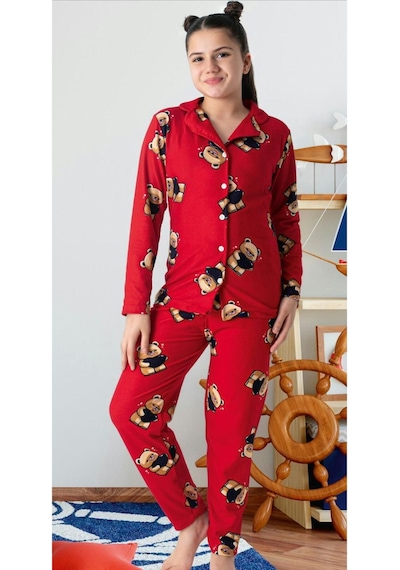 Kız Çocuk Süet Kışlık Boydan Düğmeli Kalın Pijama Takımı Bordo-lacivert Bordo - Lacivert