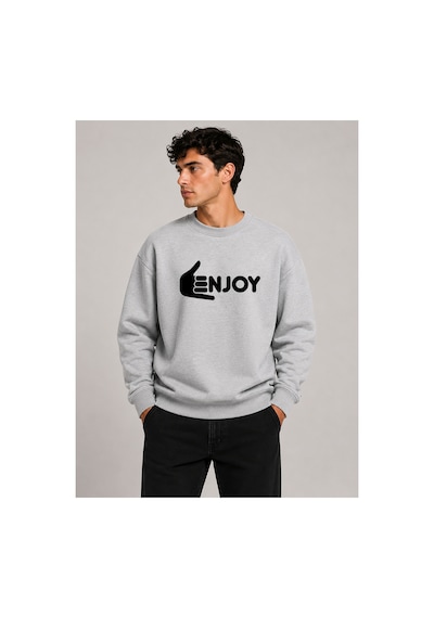 Herkesemoda Enjoy Baskılı Bisiklet Yaka Şardonlu 2 İplik Sweatshirt Gri