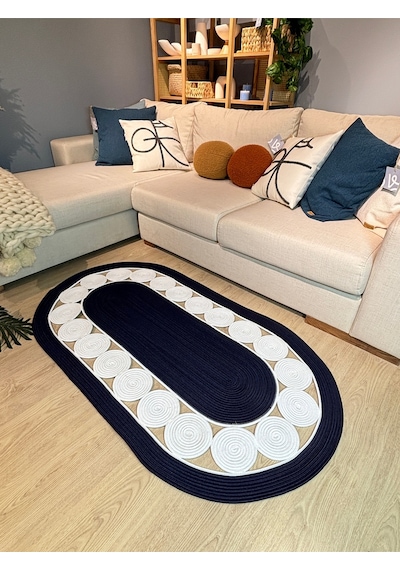 Mavaux Cookie Jüt Hasırlı El Örgüsü Kilim Lacivert - Beyaz