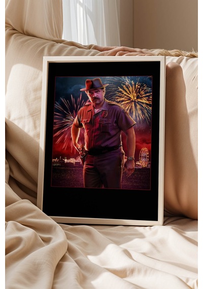 Stranger Things Jim Hopper Tasarım Çerçeveli Tablo - Emniyet Müdürü Retro Sanatsal Duvar Dekoru Beyaz