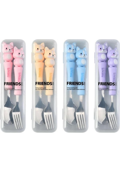 Mavi Renk Kedi Figürlü Premium Çocuk Bpa Free Paslanmaz Çelik Uçlu Çatal-kaşık Set 24+ Ay