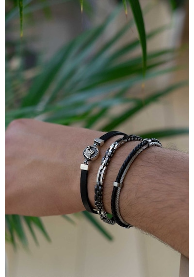So Chic Pegasus Figürlü Siyah Deri Gümüş Erkek Bileklik Gümüş