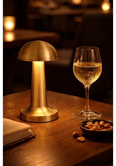 Gold Mantar Masa Lambası Şarjlı Dokunmatik 3 Renk Led Dekoratif Gece Ve Masa Lambası Kafe Restaurant Wb-ekl02 Altın