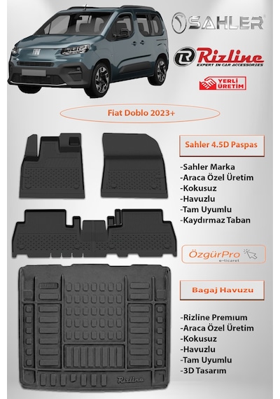 Sahler Fiat Doblo 2023 Ve Sonrası 4.5d Paspas Rizline Premıum Bagaj Havuzu Set