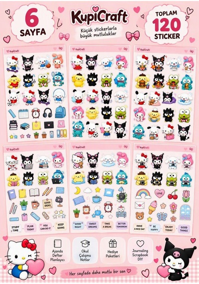 6 Sayfa Sanrio Sticker Seti- Sevimli Karakterler Sticker 0