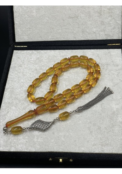 925 Ayar Gümüş Dizayn Ateş Kehribar Tespih 12x8 Mm