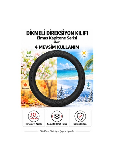Trobus Peugeot 206 1998-2010 Uyumlu Dikmeli Direksiyon Kılıfı Elmas Kapitone Siyah