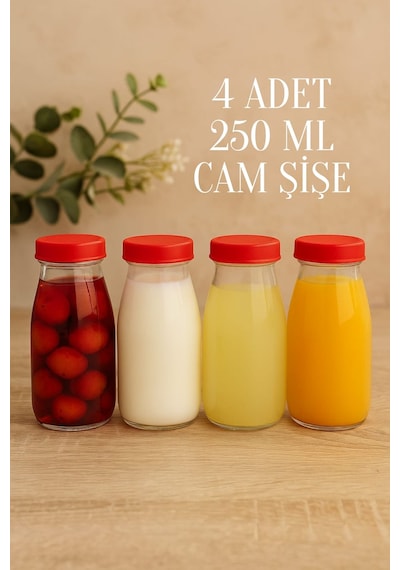 Rotanev Şeffaf Sürahi Süt, Ayran, Su, Limonata, Meşrubat Şişesi Plastik Kapaklı Cam Şişe 4 Adet 250 ML