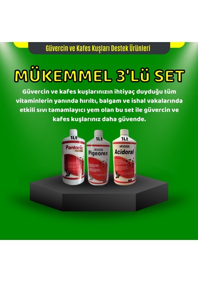 Royal Güvercin Ve Kafes Kuşları İçin 1 Lt Mükemmel Üçlü Set Acidoral+pigeorex+pantonic