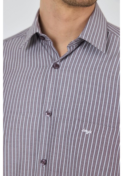 İmza Uzun Kol Çizgili Desen Armürlü Sert Yaka Cepli Pamuklu Classic Comfort Fit Gömlek 1004250173 Bordo