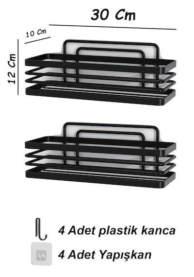 Yapışkanlı Lamalı Banyo Rafı Duş Şampuanlık Duvar Düzenleyici Organizer 2li Set Duş Rafı Organizeri Siyah