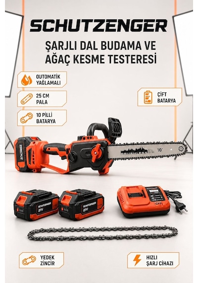 Şarjlı Odun Ağaç Kesme Makinesi 2 Batarya Dal Budama Testere Otomatik Yağlama Kırmızı P11. Kömürsüz Motor
