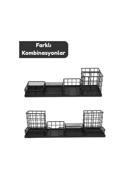 Temel Siyah Metal Mesh Modüler Masaüstü Organizer Seti 7 Parça 38x10 Cm 9515b