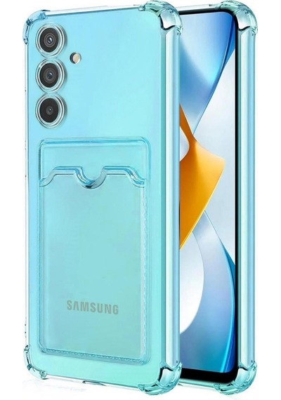 Samsung Galaxy A14 Uyumlu Kılıf Extra Köşe Korumalı Kartlıklı Cüzdanlı Silikon Kapak Mavi
