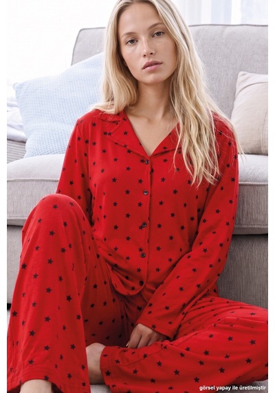 Siyah İnci Kırmızı Yıldız Desenli Termal Kumaşlı Ultra Soft Yumuşak Düğmeli Örme Pijama Takımı 26226124