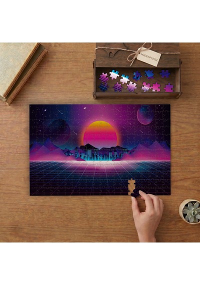 Retrowave Gün Batımı Tasarımı 240 Parça Ahşap Puzzle Ahşap Kutuda Mpy60075