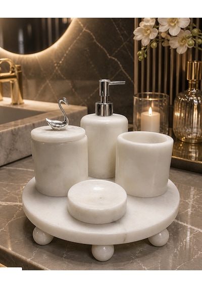 Mermer Top Ayaklı Standlı 5 Parça Lüks Banyo Seti Beyaz