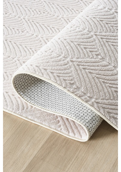 Raschel Carpet Premium Yıkanabilir Leke Tutmaz Yaprak Emboss Krem Özel Seri Kaymaz Taban Halı Yolluk Krem