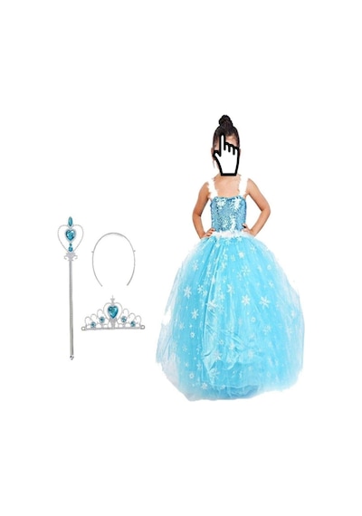 Parti Selesi Elsa Kostümü - Frozen Elbise - Askılı Tarlatanlı - Eldiven Taç Asa Kostüm Mavi