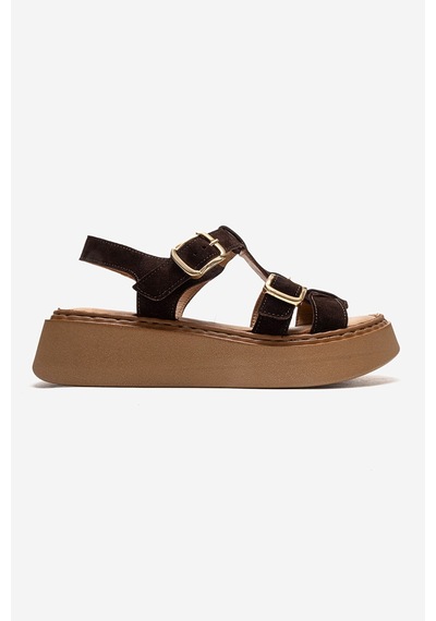 Luvishoes Loın Kahverengi Süet Hakiki Deri Tokalı Kadın Sandalet Kahverengi