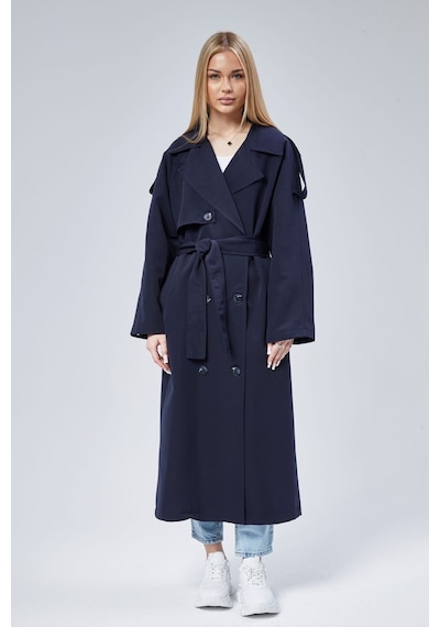 Kadın Oversize Astarlı Uzun Trençkot Lacivert