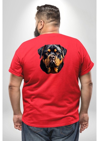 Angemiel Rottweiler Kafası Büyük Beden Kırmızı Tişört Kadın Erkek Ünisex Sırt Baskılı Kırmızı