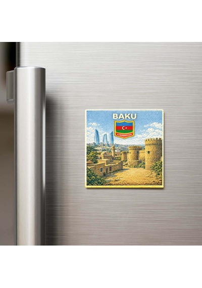 Retro Azerbaycan Bakü Şehri Temalı Vintage Buzdolap Magneti 9x9 Cm