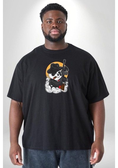 Angemiel Gangster Panda Siyah Büyük Beden Erkek Kadın Unisex Basic Ön Baskılı Tişört Siyah